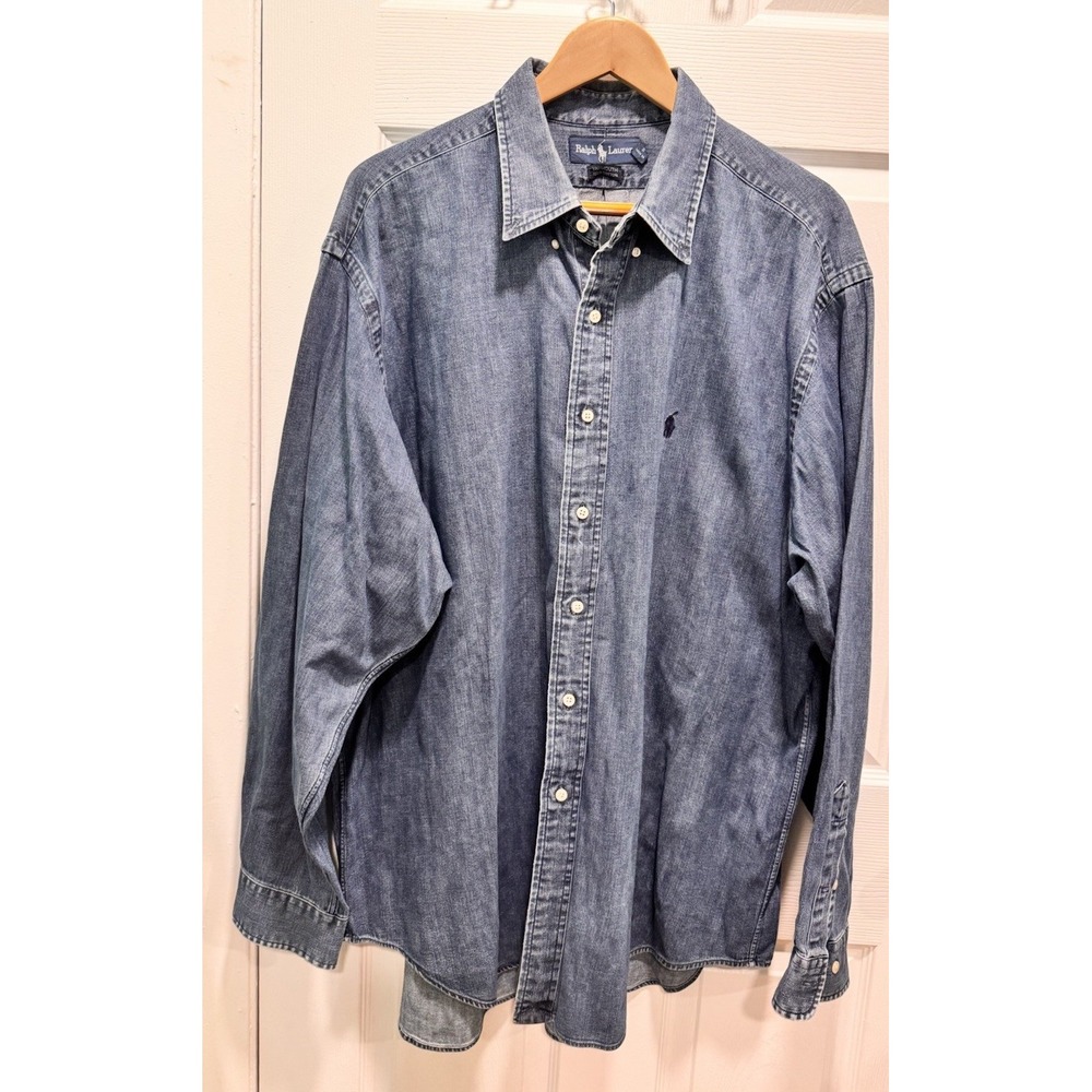 Vintage Polo Ralph Lauren Denim Button Down Shirt Men 2XL Blue Yarmouth Sz 18